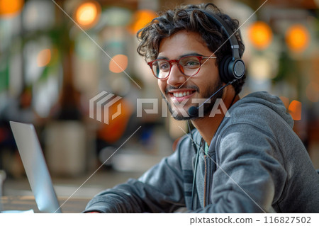 Indian male customer service representative providing IT support on laptop in modern office 116827502