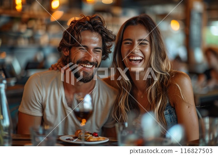 Cozy dinner date at charming restaurant, happy couple, intimate atmosphere 116827503