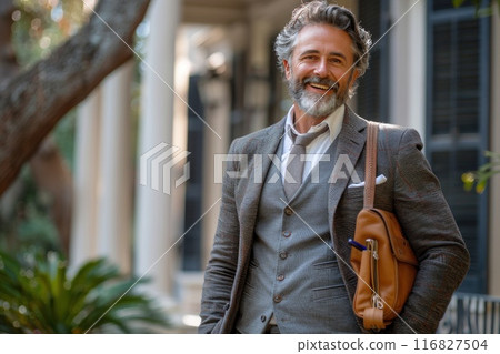Confident middle-aged businessman using smartphone in urban city street setting 116827504