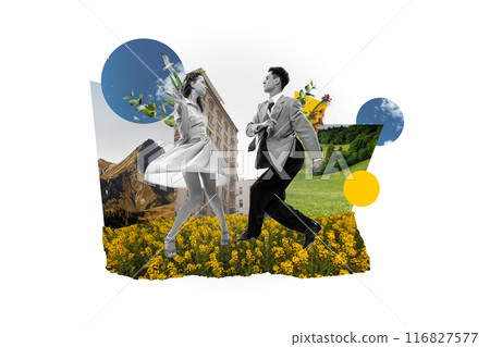 Elegant man and woman in retro attire dancing against field, meadow and building background. Contemporary art collage. 116827577