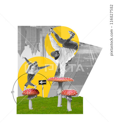 Two male hip hop and breakdance dance energetically dancing against urban background with mushrooms. Contemporary art collage. 116827582