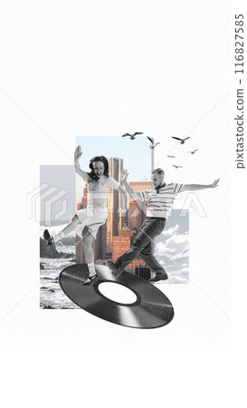 Artistic couple, man and woman in retro outfits dancing with positive vibe against nature and urban landscape. Contemporary art collage. Artistic couple, man and woman in retro outfits dancing with positive vibe against nature and urban landscape. Contemporary art collage. 116827585