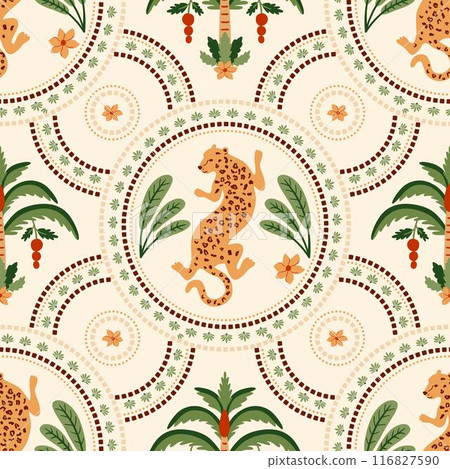 Summer ceramic tile pattern with tropical palm tree, leopard, checkered round elements. Vector cute jungle print Summer ceramic tile pattern with tropical palm tree, leopard, checkered round elements. Vector cute jungle print 116827590