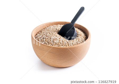Rolled oats, healthy breakfast cereal oat flakes in bowl isolated on white background. Rolled oats, healthy breakfast cereal oat flakes in bowl isolated on white background. 116827919