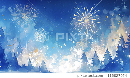 Christmas forest and fireworks background AI image 116827954