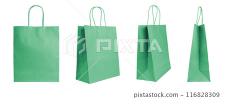 Set of different angles green shopping bag made from recycled paper isolated on white background Set of different angles green shopping bag made from recycled paper isolated on white background 116828309
