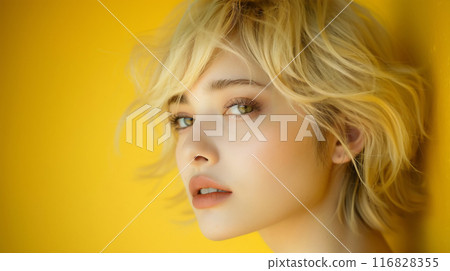 Blonde woman on a yellow background 116828355