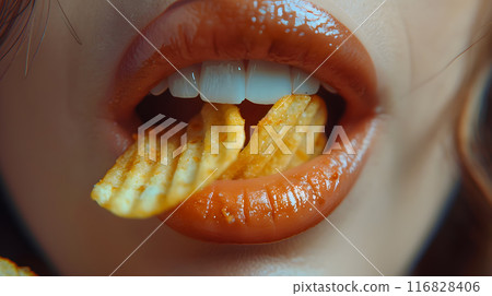 Close-up of woman's mouth as she eats handful of potato chips. Her lips are glossy and full, and her teeth are white and straight. Chips are rippled and crunchy 116828406