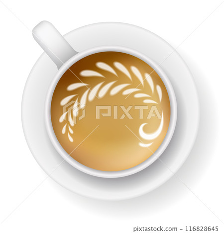 Coffee mug top view. Cappuccino espresso latte milk brown coffee vector realistic template Coffee mug top view. Cappuccino espresso latte milk brown coffee vector realistic template 116828645