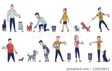 Cleaning after dog. Set of pet owners picking up pets waste during walk in public park. Animal responsibility of trash clean rules concept. Linear vector illustration Cleaning after dog. Set of pet owners picking up pets waste during walk in public park. Animal responsibility of trash clean rules concept. Linear vector illustration 116828652