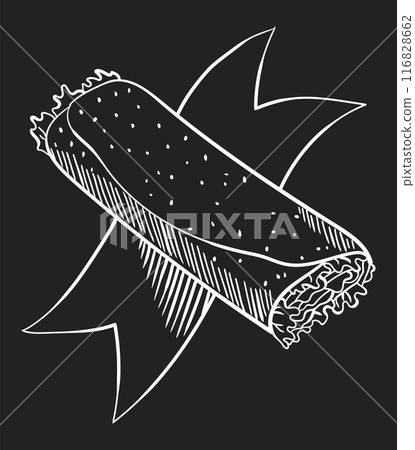 Cafe menu with food and drinks on chalkboard. Blackboard sketch of hot dog. Hand drawn vector design Cafe menu with food and drinks on chalkboard. Blackboard sketch of hot dog. Hand drawn vector design 116828662