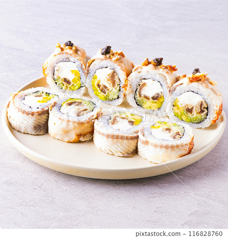 Japanese cuisine. Sushi roll on white background. 116828760