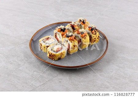 Japanese cuisine. Sushi roll on white background. 116828777