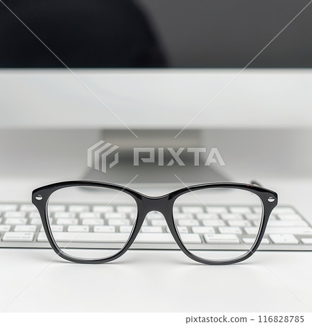 A pair of black eyeglasses rests on a white computer keyboard in front of a blurred computer monitor. 116828785