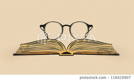 A minimalist illustration of an open book with eyeglasses resting on top. 116828907