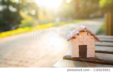 A small house stands on a bench in the park. Real estate, affordable housing and mortgage lending concept. Sale, purchase and rental of apartments. Selective focus. Place for text 116828981