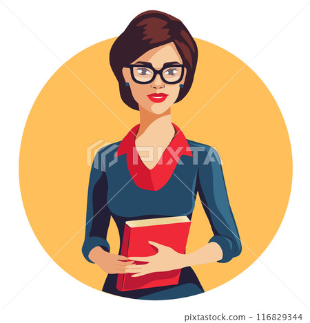 Vector avatar, icon. A woman teacher in glasses with a book in her hands. Vector graphics of women's occupations and professions. Feminism, gender equality, empowerment concept Vector avatar, icon. A woman teacher in glasses with a book in her hands. Vector graphics of women's occupations and professions. Feminism, gender equality, empowerment concept 116829344