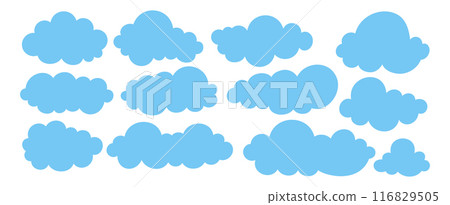 Vector set blue flat clouds, sky, vector clouds, clouds collection on white background. Vector set blue flat clouds, sky, vector clouds, clouds collection on white background. 116829505