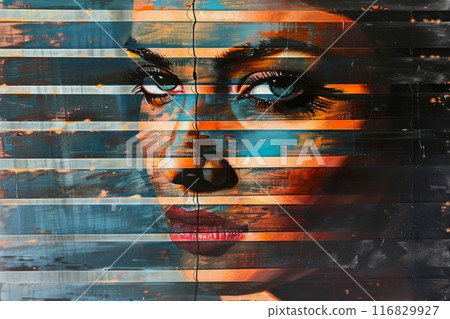 Abstract Portrait of a Woman's Face Divided by Horizontal Lines 116829927