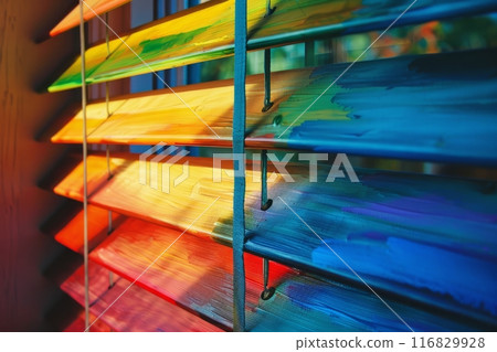 Colorful Wooden Window Blinds in the Afternoon Sun 116829928