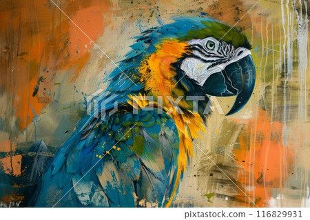 Blue and Gold Macaw Portrait With Abstract Background 116829931