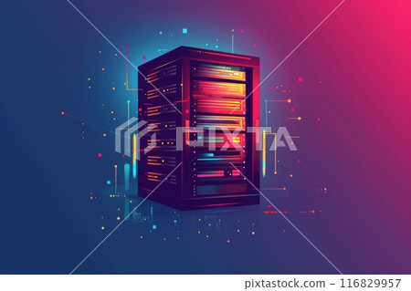 Server rack with glowing lights and data connections 116829957