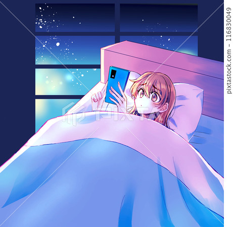 Woman looking at smartphone in bed, disgusted face, window Woman looking at smartphone in bed, disgusted face, window 116830049