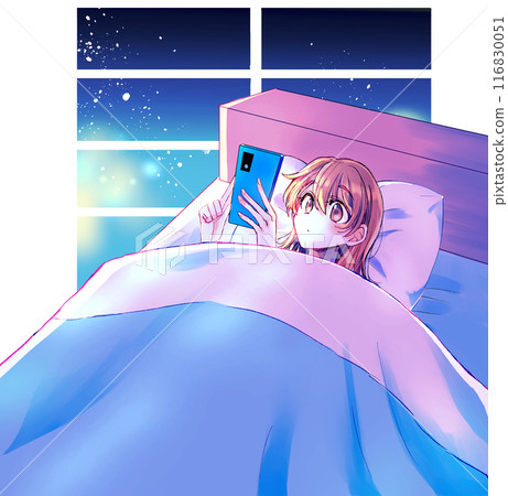 Woman looking at smartphone in bed window 116830051