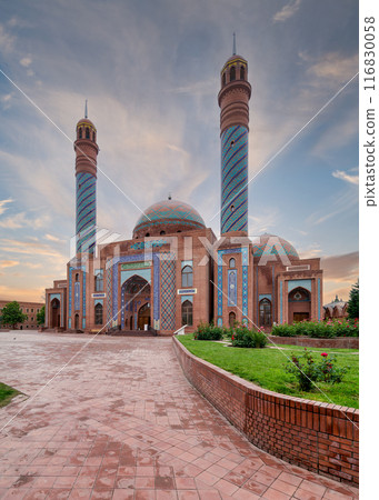 The Goy Imam Mosque in Ganja, Azerbaijan showcases stunning Islamic architecture with tall minarets, and domed roof 116830058