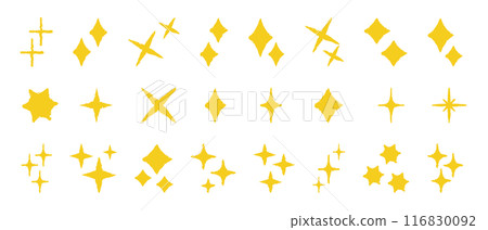 Hand-drawn glitter and star decoration set, crayon-style icons, yellow and gold 116830092