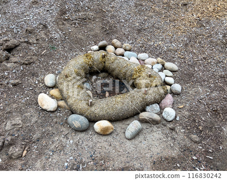 This image depicts an outdoor drainage system protected by erosion control measures. The drain is surrounded by a circular barrier made of natural fiber rolls and large river rocks. The setup ensures 116830242