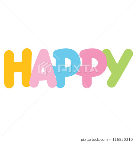 Pastel illustration of HAPPY letters for cute patches, brooch, shirt print, logo, icon, stickers, decoration, cartoon, girly stuff, font, typography, branding, label, emoji, emotion, expression, mood 116830310