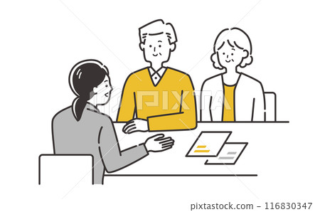 Illustration material of elderly couples (60s, 70s, 80s) consulting and receiving explanations at a table Illustration material of elderly couples (60s, 70s, 80s) consulting and receiving explanations at a table 116830347