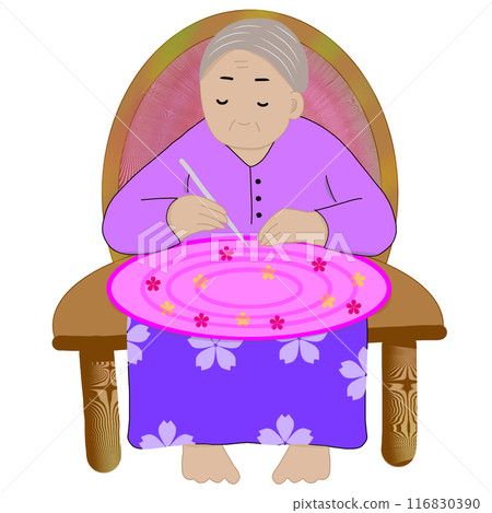 Elderly woman handicraft, sits on a wooden chair. 116830390