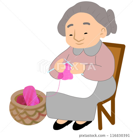 Old woman sits on a wooden chair, crocheting fabric. 116830391