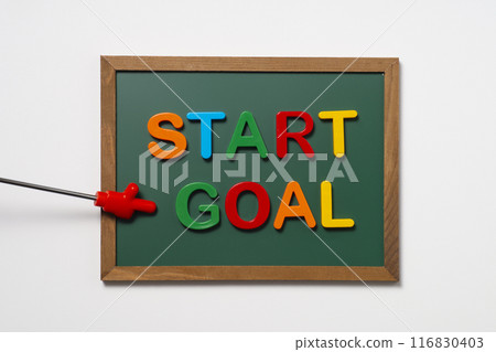 A pointer and the word START on the GOAL on a blackboard 116830403