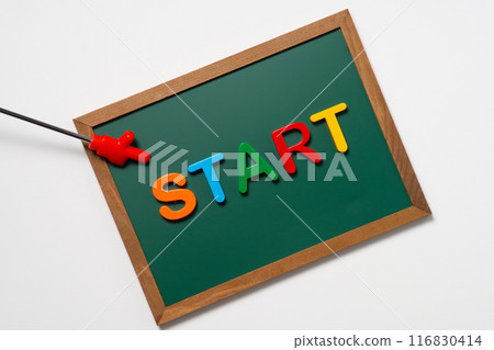 Colorful letters saying START and a pointer on a blackboard 116830414
