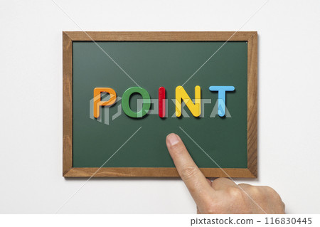 The word POINT and an index finger on a blackboard 116830445
