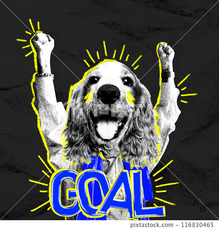 Goal. Cheerful purebred dog on human body celebrating successful game of favorite team, showing joy and excitement. Contemporary art collage. Goal. Cheerful purebred dog on human body celebrating successful game of favorite team, showing joy and excitement. Contemporary art collage. 116830465