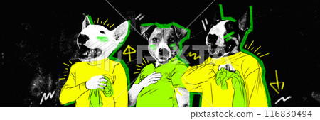 Sport fans in colorful jerseys, with heads of purebred dogs supporting emotionally favorite team against black background. Contemporary art collage. Sport fans in colorful jerseys, with heads of purebred dogs supporting emotionally favorite team against black background. Contemporary art collage. 116830494