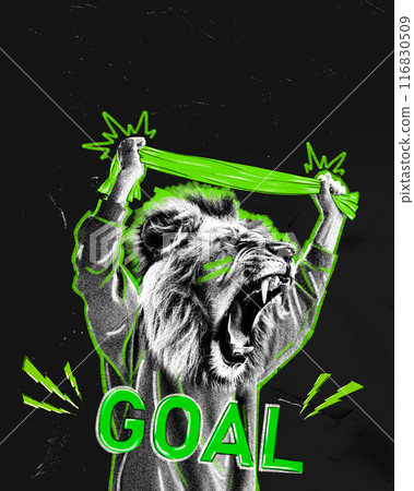 Burst of energy on stadium. Person with roaring lion head raising green scarf upwards and supporting team. Contemporary art collage. Burst of energy on stadium. Person with roaring lion head raising green scarf upwards and supporting team. Contemporary art collage. 116830509