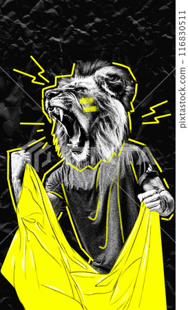 Person with lion roaring head holding yellow flag and emotionally supporting favorite team. Energy and excitement. Contemporary art collage. Person with lion roaring head holding yellow flag and emotionally supporting favorite team. Energy and excitement. Contemporary art collage. 116830511