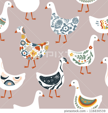 Cute abstract painted cartoon geese seamless pattern. Doodle patterned goose collection. Rustic, nursery, folk, or Scandinavian style. Vector background. 116830539