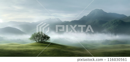 Beautiful Landscape with Horizon Line and Lonely Tree Beautiful Landscape with Horizon Line and Lonely Tree 116830561