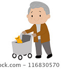Elderly person with a cat in cat cart. 116830570