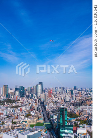 [東京]從澀谷看到的東京街景（地上的建築物和空中的飛機） 116830642