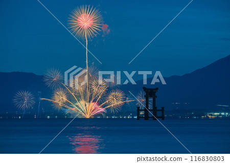The torii gate of Shirahige Shrine and the Otsu Shiga Fireworks Festival The torii gate of Shirahige Shrine and the Otsu Shiga Fireworks Festival 116830803