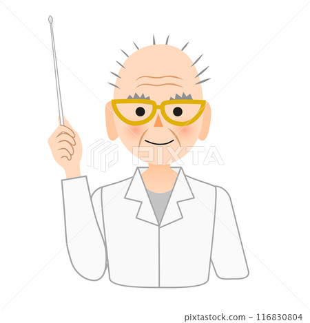 A smiling old man wearing a white coat giving an explanation 116830804
