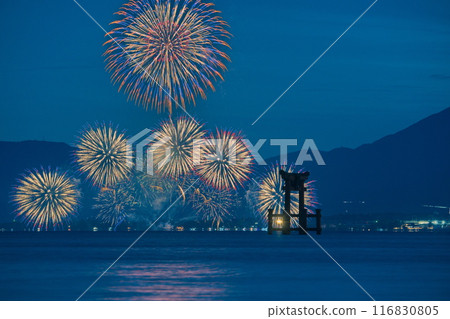 The torii gate of Shirahige Shrine and the Otsu Shiga Fireworks Festival The torii gate of Shirahige Shrine and the Otsu Shiga Fireworks Festival 116830805