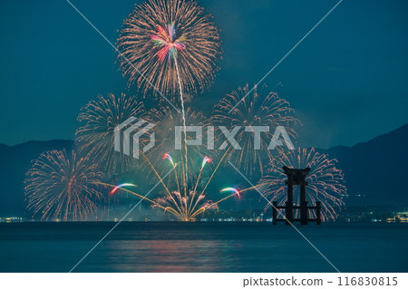 The torii gate of Shirahige Shrine and the Otsu Shiga Fireworks Festival The torii gate of Shirahige Shrine and the Otsu Shiga Fireworks Festival 116830815